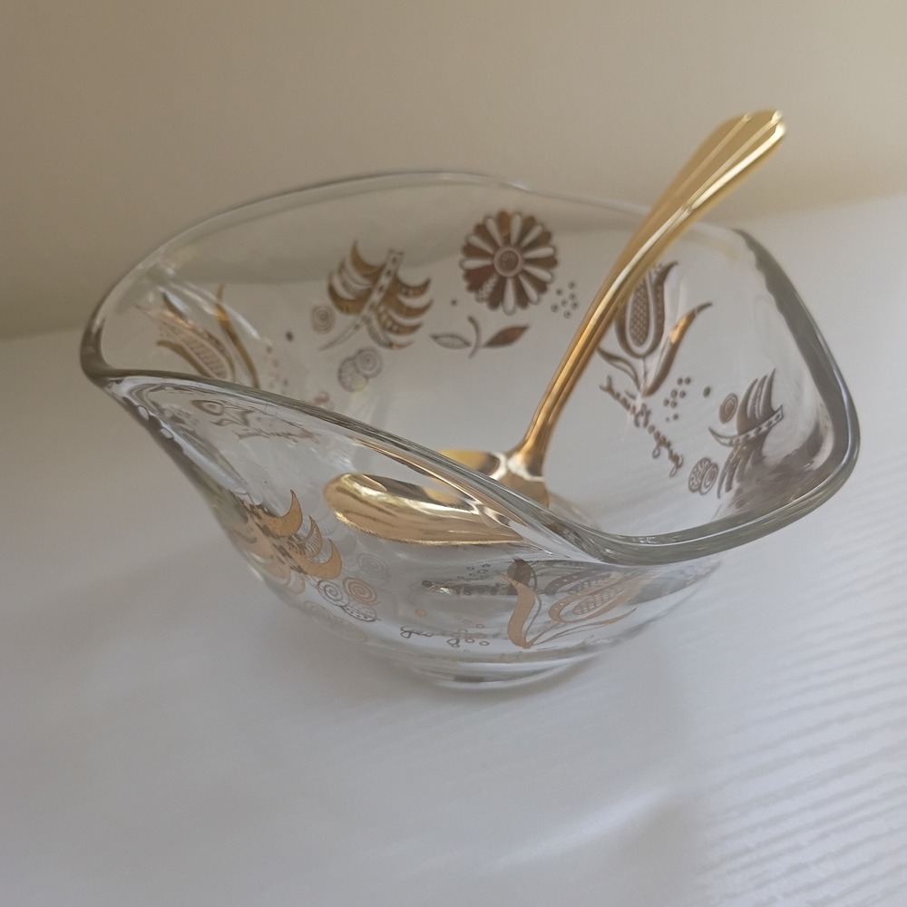 MCM Georges Briard Gold Floral Glass Bowl Jacobean Flowers W/ Gold Spoon - Picture 13 of 16